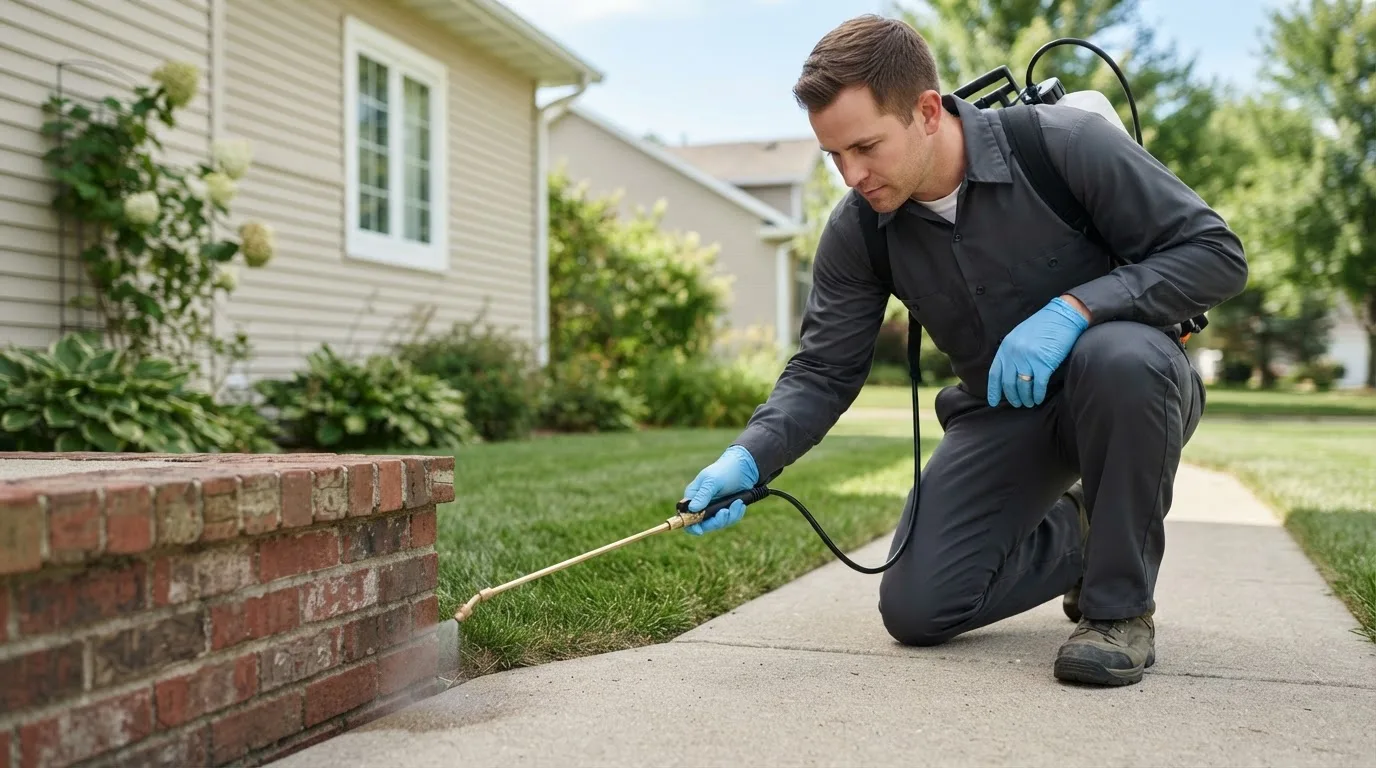 Pest control technician treating a home near South Windham, CT